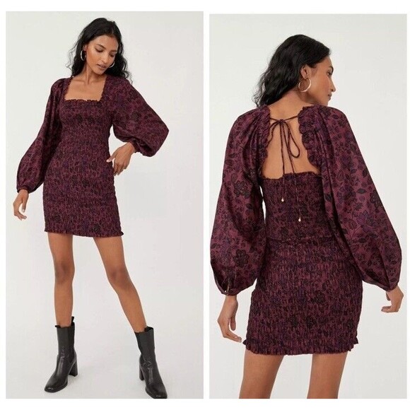 Free People M Smock It To Me Mini Dress Smocked Floral Bodycon Balloon Sleeve - Picture 1 of 7